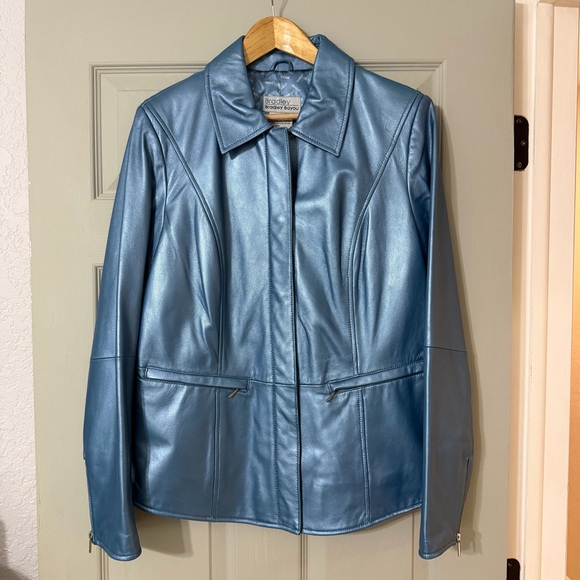 Y2K Metallic Blue Pearl Genuine Leather Blazer Jacket | Size L | Sex & the City - Picture 2 of 10